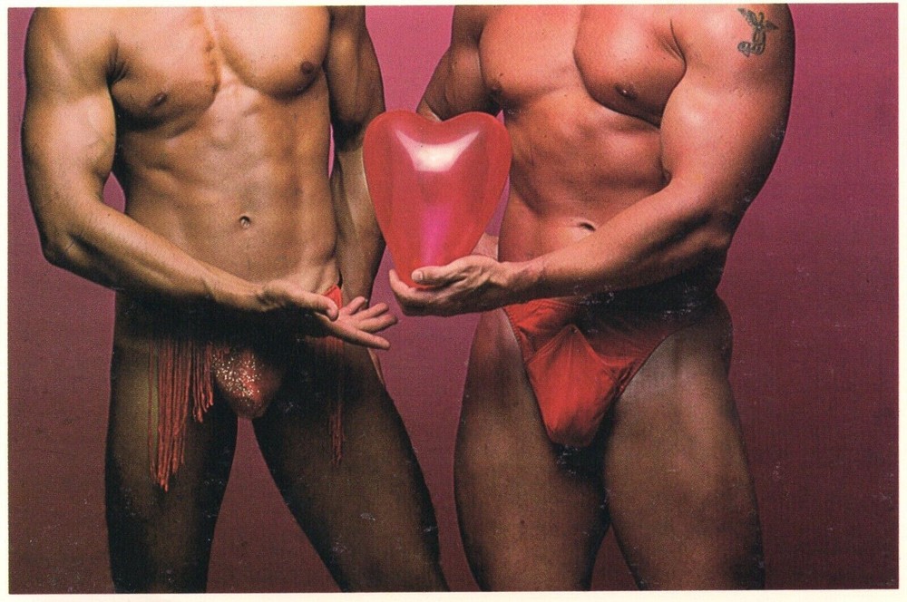 VTG 1981 Gay Valentines Postcard with Sexy Men & Heart Balloon Beefcakes APC