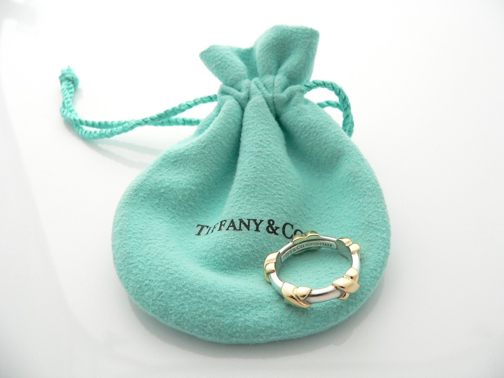 Tiffany & Co X Ring Silver 18K Signature Stacking Band Sz 5.25 Jewel Gift Pouch