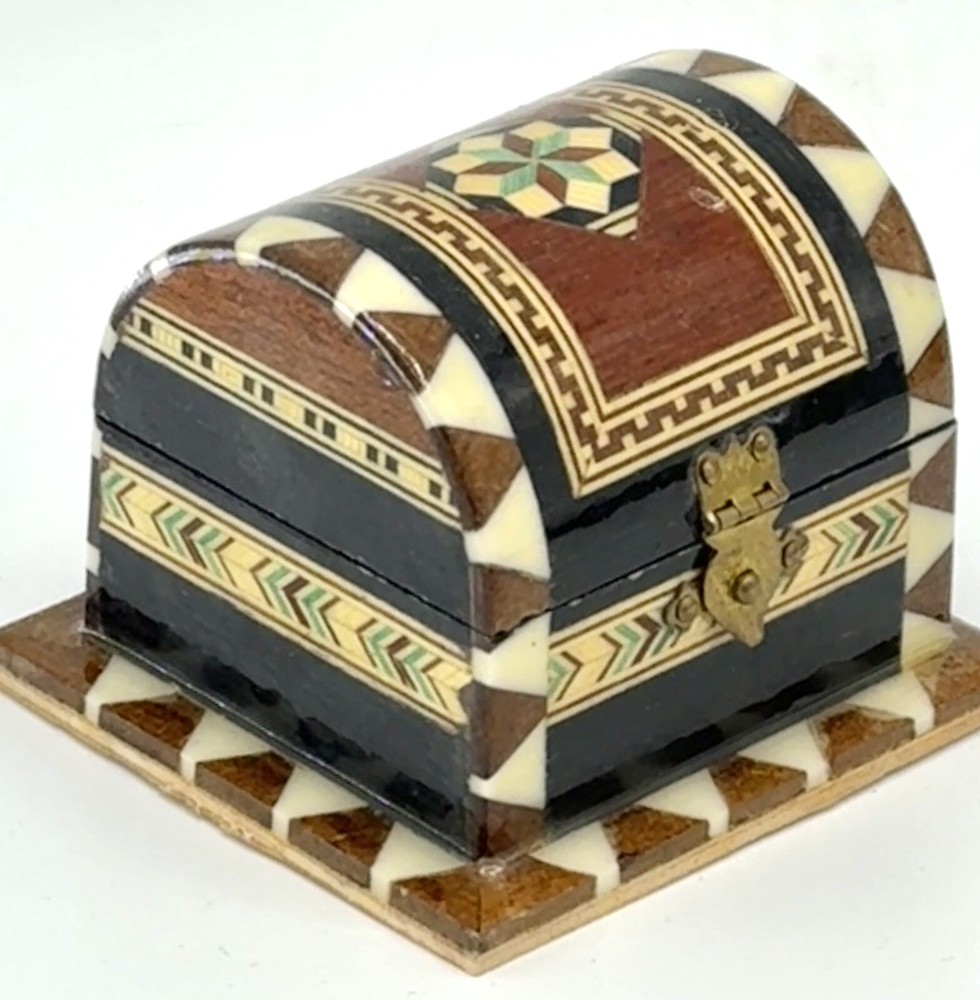 Vintage Wood Mother of Pearl Domed Trinket Jewelry Box Chest