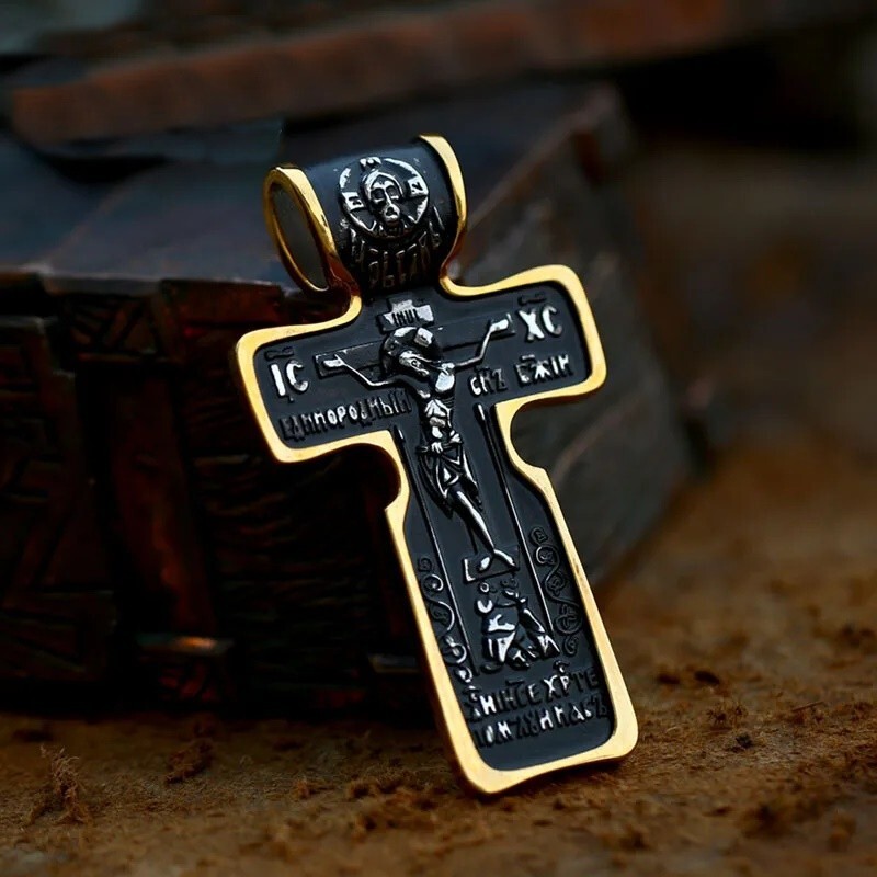BeierJesus Cross Men Pendant Stainless Steel Gold Powerful Amulet Crucifix Gifts