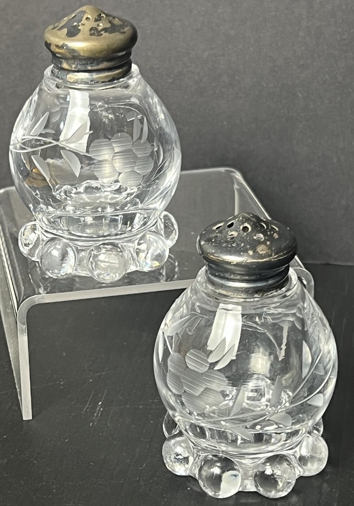 Vintage Etched Glass Salt and Pepper Shakers with Metal Lids and Marble Base