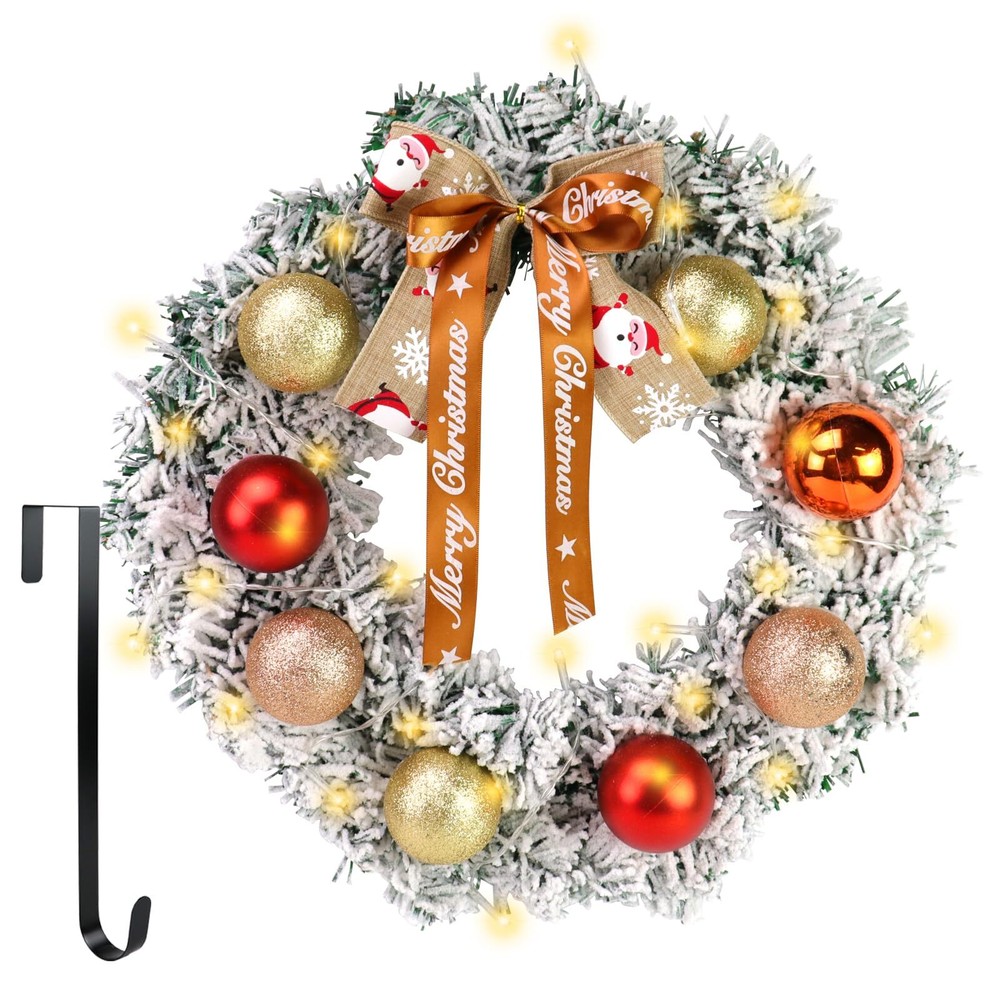 16 Inch LED Christmas Wreath With Red Balls & Metal Hanger