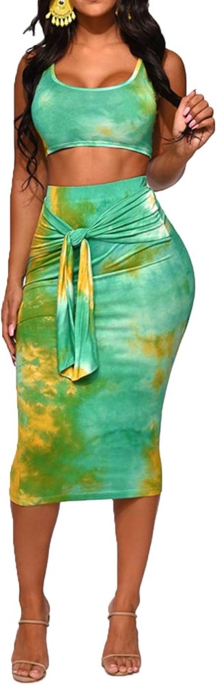 IyMoo Womens Two Piece Outfits - Floral Print Tank Tops + Belted Summer Bodycon