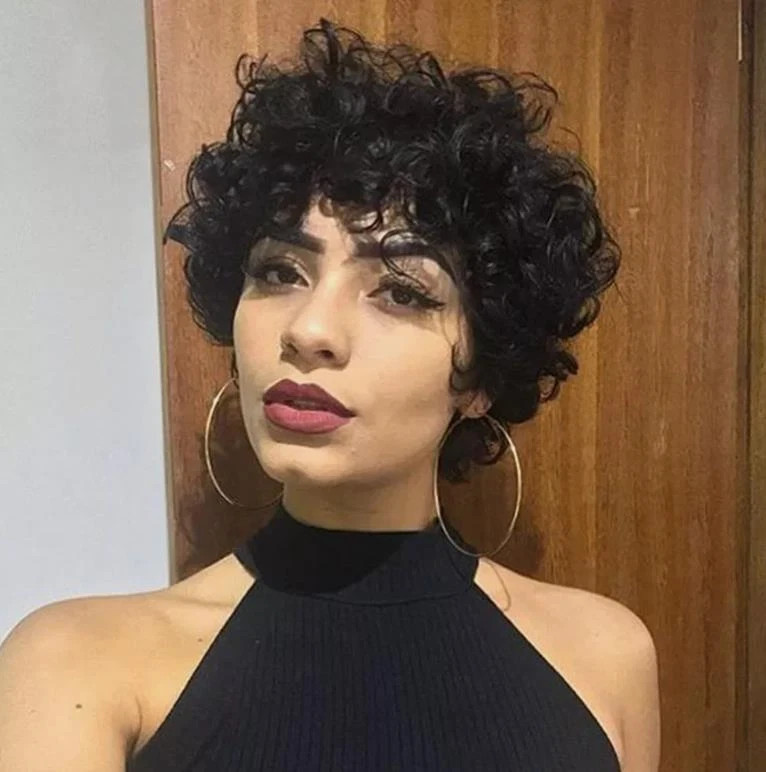 Women's Short Curly Wigs Black Pixie Cut Wig with Bangs None-Lace Wig