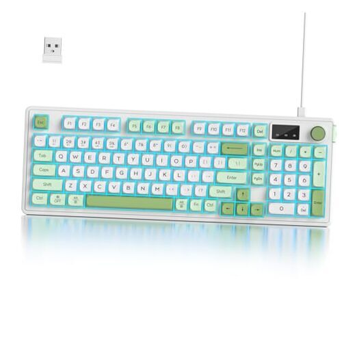 96% Silent Wireless Gaming Keyboard with Number Pad in White Green Design