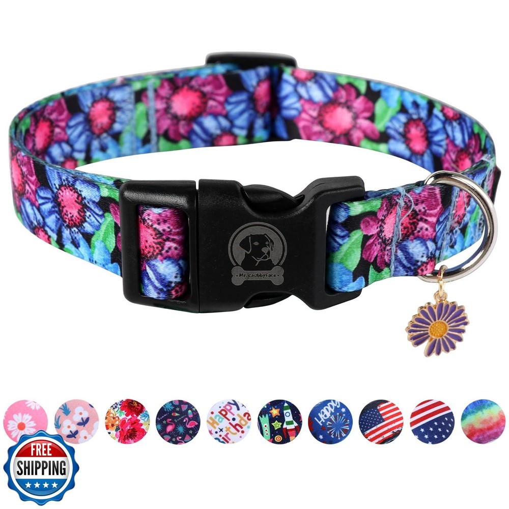 MR CHUBBYFACE Adjustable Soft Floral Dog Collar Purple Blue Spring Summer Pet Accessory