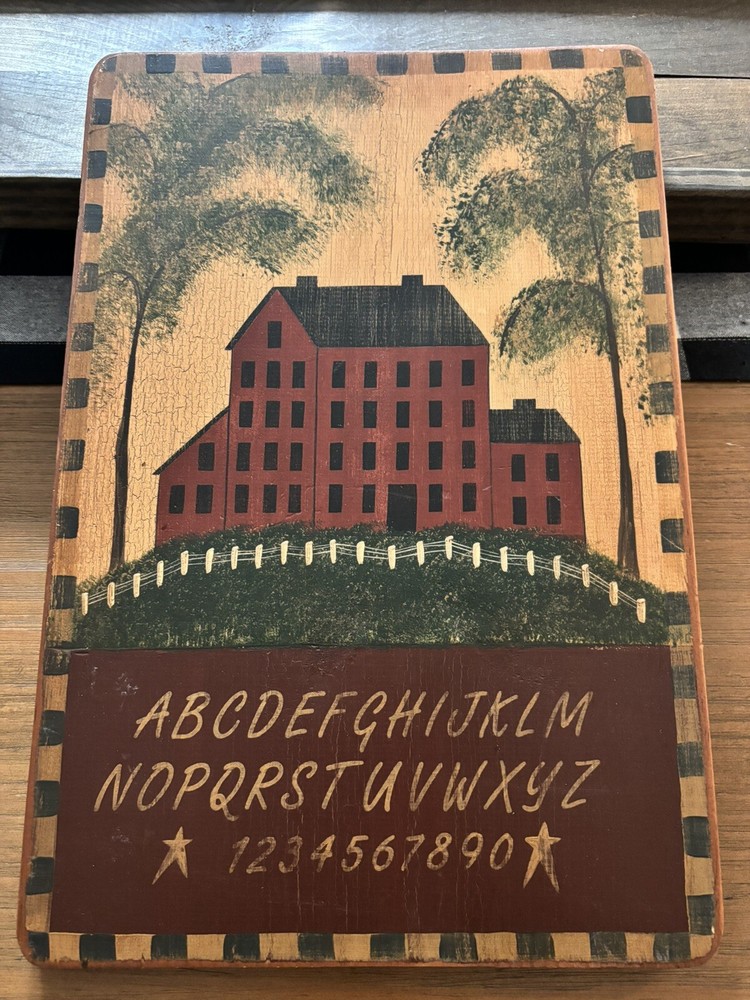 Wood Wall Plaque Primitive Style House Trees Alphabet & Numbers