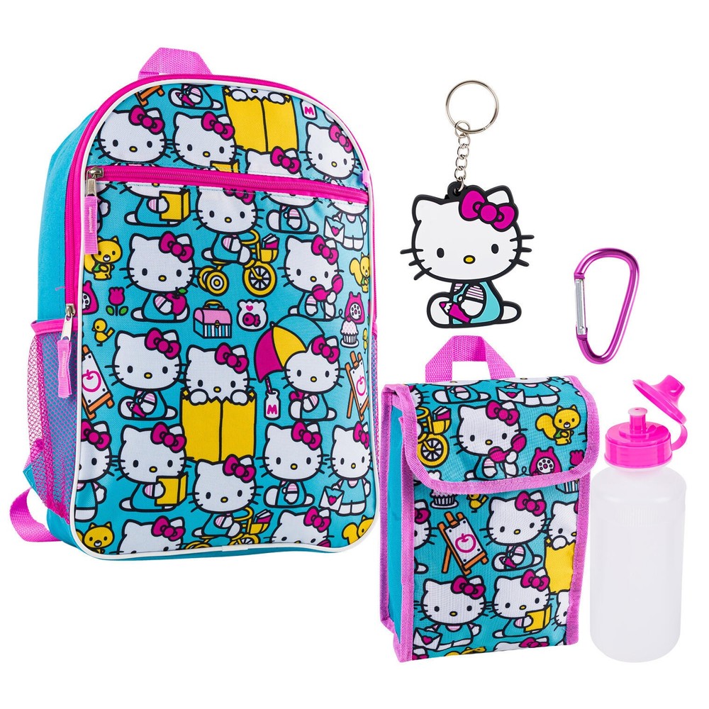 Large Backpack - Hello Kitty - Blue Allover Set of 5 w/Lunch Bag Bottle NEW