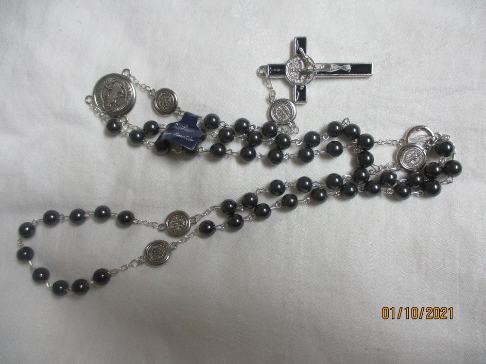 Brand New Genuine Hematite Stone Bead St. Benedict Rosary