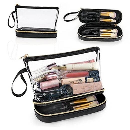 Clear Travel Makeup Bag Small Leather Black 11-inch Cosmetic Organizer