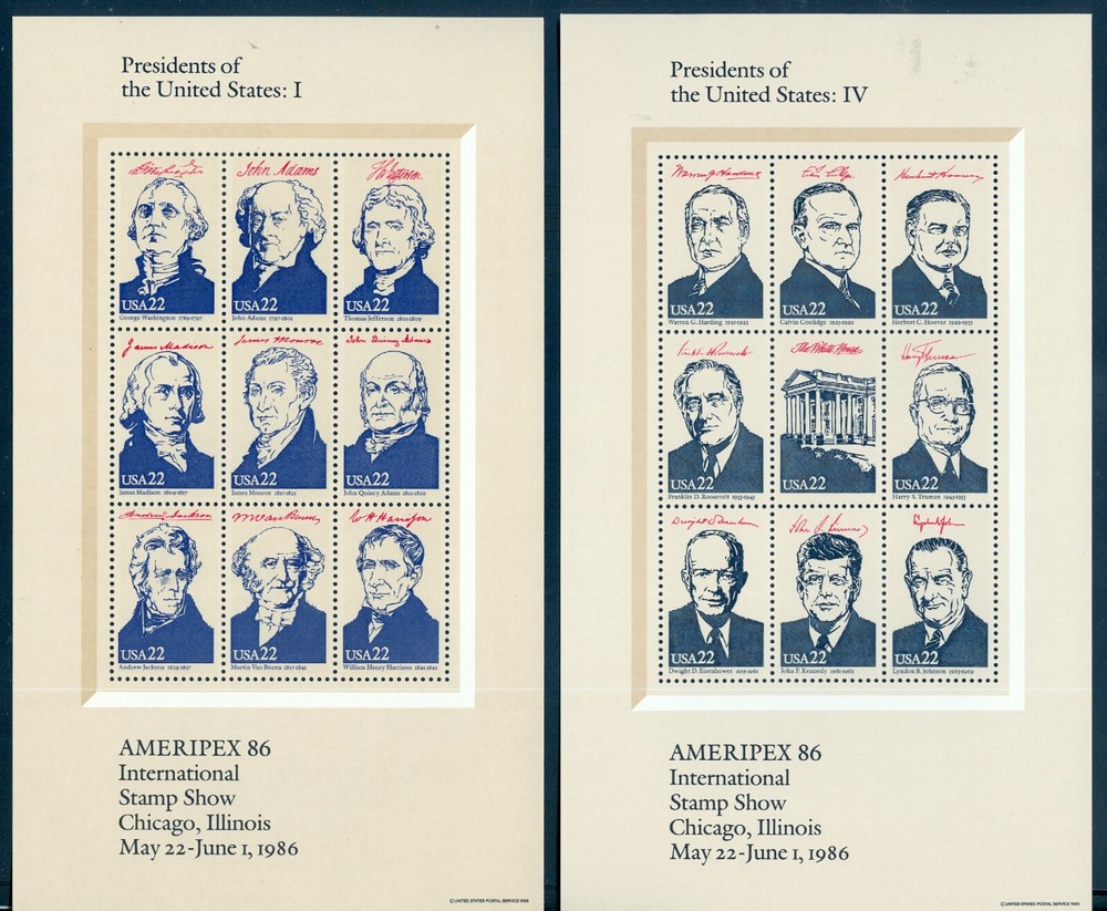 US Presidents 2216-2219 Ameripex '86 Stamps Face $7.92 Complete-4 Sheets/9 MNH