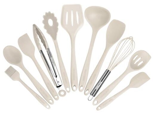 Kitchen Utensil Set - 11 Cooking Utensils - Colorful Silicone Kitchen Khaki