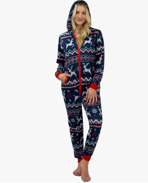 Women Christmas Elements Hooded Jumpsuit, Loose Pattern Holiday Pajamas, Large
