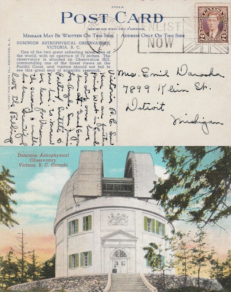Canada to US Victoria BC GVI 2c Mufti Enlist Now Flag Observatory PPC 1941