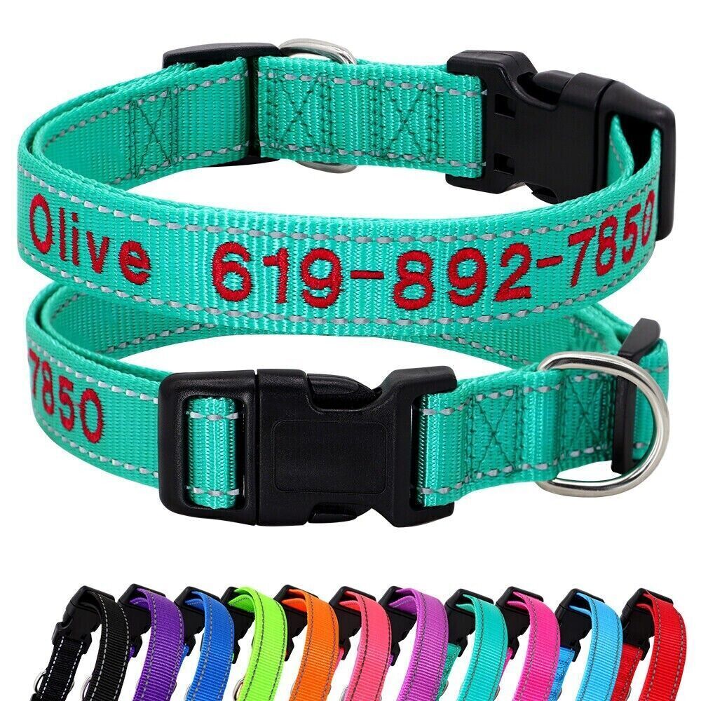Reflective Nylon Personalized Dog Collar Embroidered Custom ID Name Phone Number