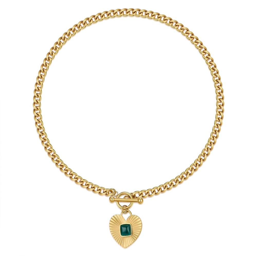 Sunburst Heart Pendant Necklace with Green Agate Solitaire Stainless Steel 18...