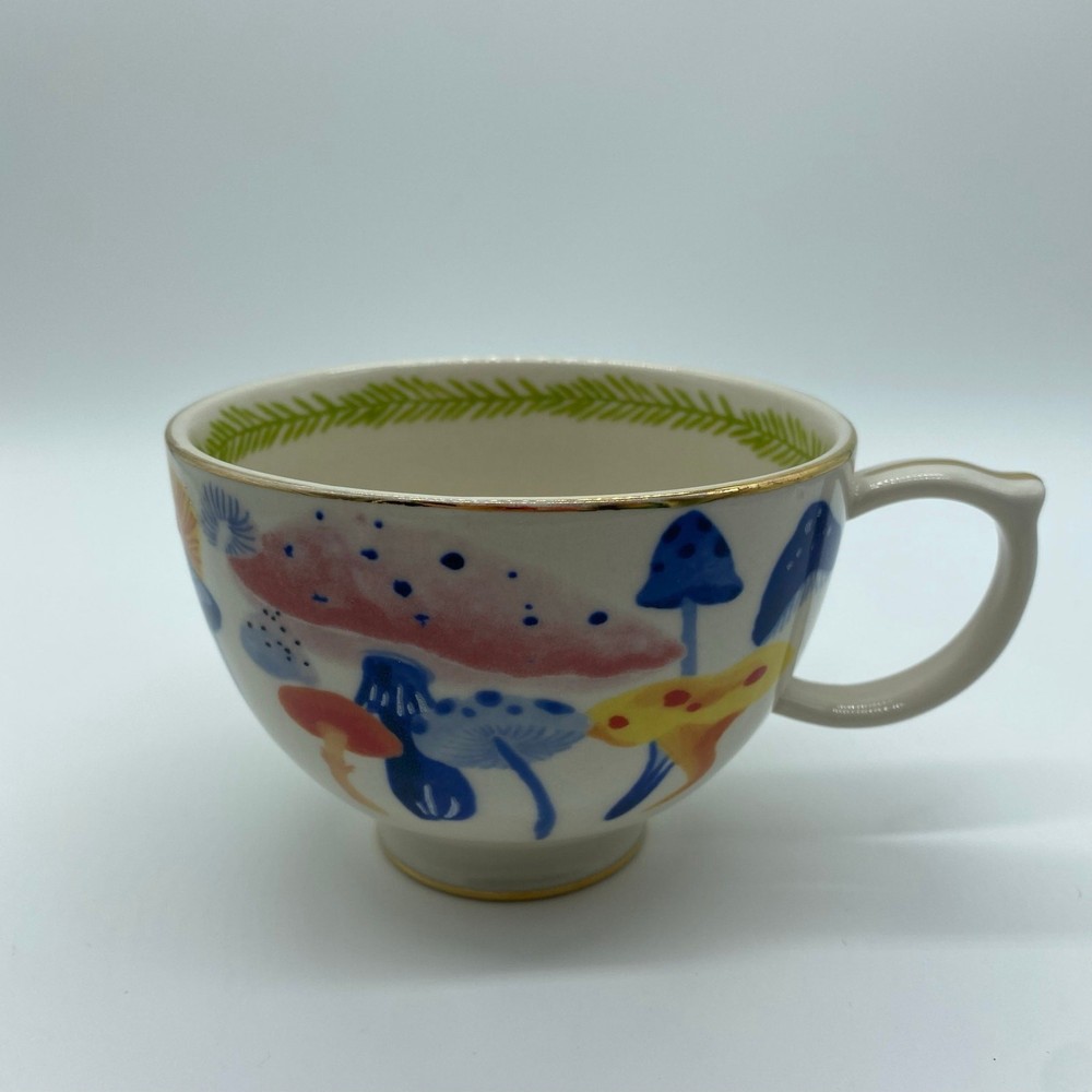 Anthropologie White Watercolor Mushroom Teacup 396ml Multicolor Coffee Mug