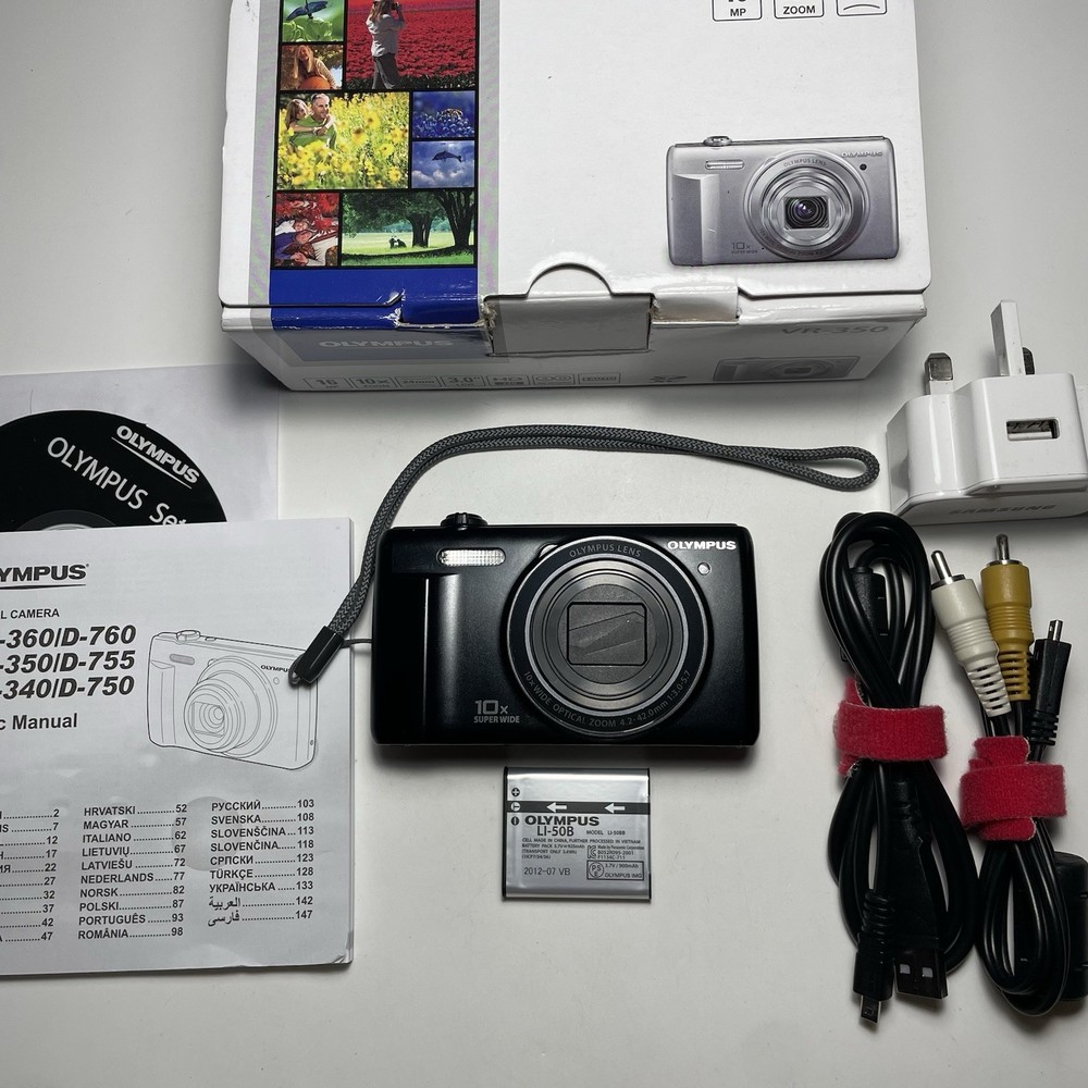 Olympus VR-350 16MP Digital Camera with Box Charger Battery Guide SD Card