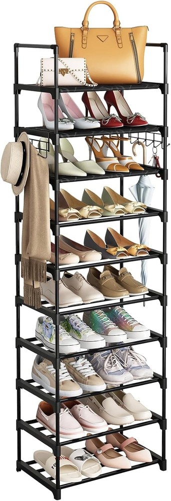 10-Tier Black Metal Shoe Rack with Hooks Holds 20-24 Pairs Narrow Space Saving Design