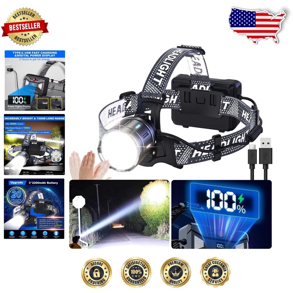 20000 Lumens Zoomable Adjustable Waterproof Headlamp with Power Bank