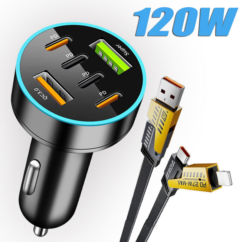 120W Fast Car Charger 4 Port Adapter & Cable For iPhone 16 15 14 13 12 Pro Max