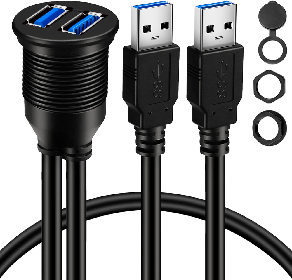 Dual USB 3.0 Male to Female Flush Mount Car Extension Cable