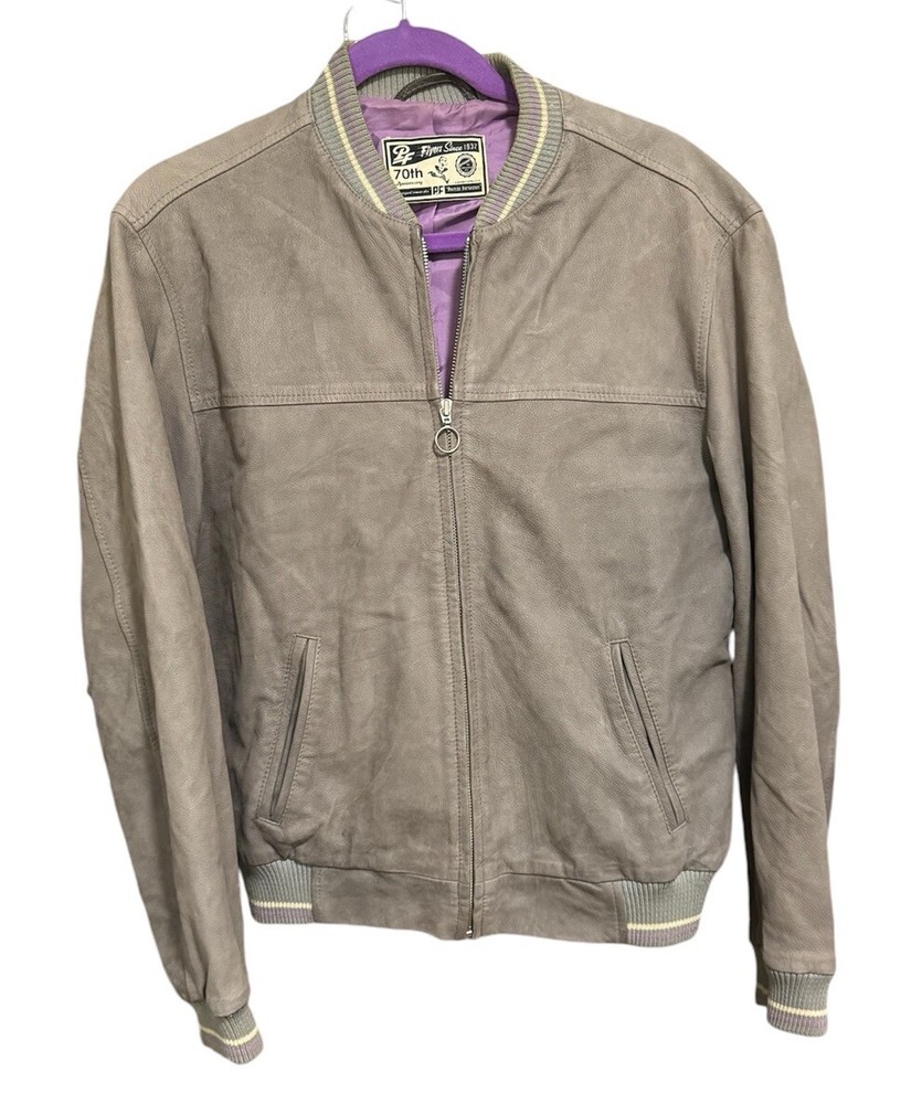 PF Flyer Posture Foundation Gray Genuine Leather Bomber Jacket Gray Purple Large
