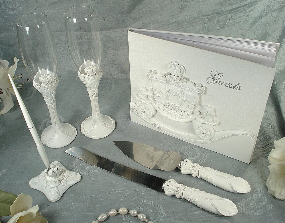 4 Piece Royal Carriage Bridal Accessory Set. Guest Book, Toasting Flutes, Cake