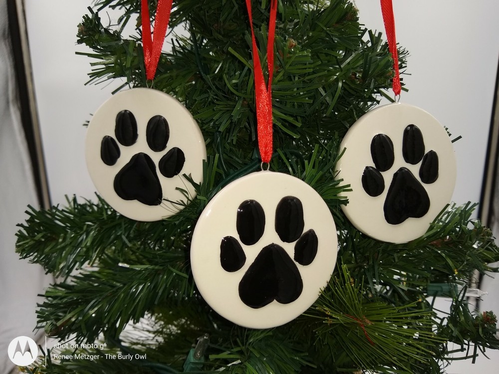 Dog Cat Paw Print Ornament Hanging Red Ribbon Dolomite Black White Set of 3 2.5
