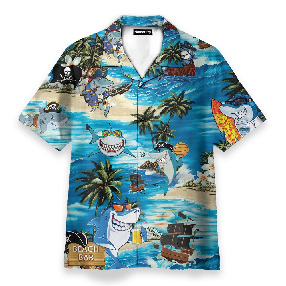 Funny Shark On Beach Bar   Hawaiian Shirt