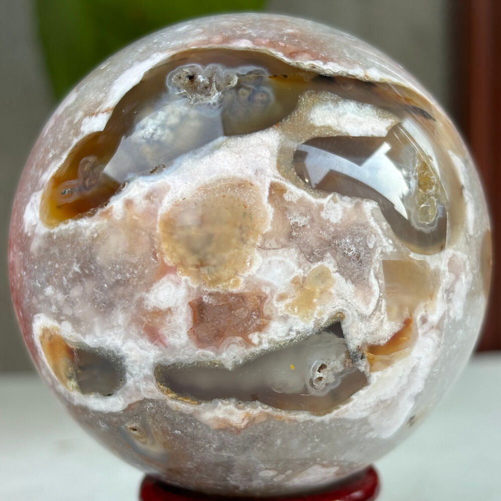 491g Natural Sakura Agate Quartz Sphere Crystal Ball Reiki Healing Decoration
