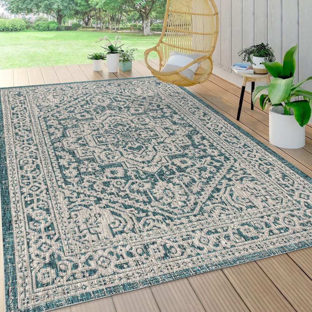 Jonathan Y Sinjuri Indoor/Outdoor Teal Blue Medallion Rug SMB101C-3
