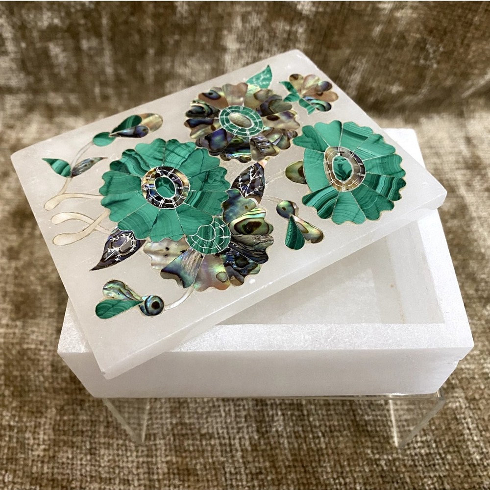 Antique 1900s Marble Alabaster Floral Inlay Trinket Box with Jasper and Mother-of-Pearl