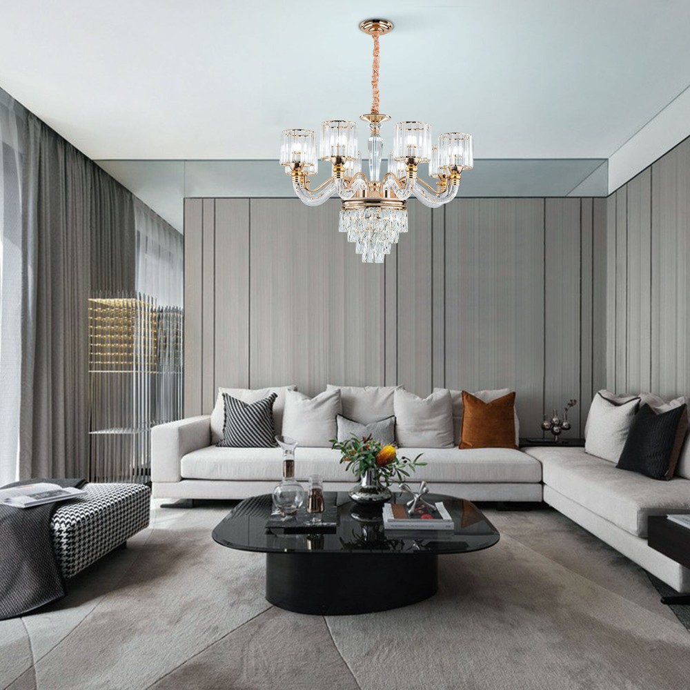 8 Lights Gold Large Crystal Chandeliers Ceiling Light Fixture for Living Room US