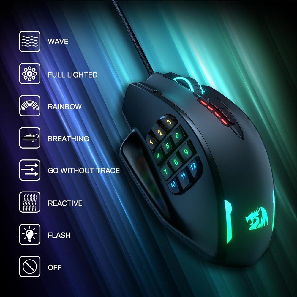Redragon M908 RGB MMO Gaming Mouse with 12 Side Buttons Optical Sensor