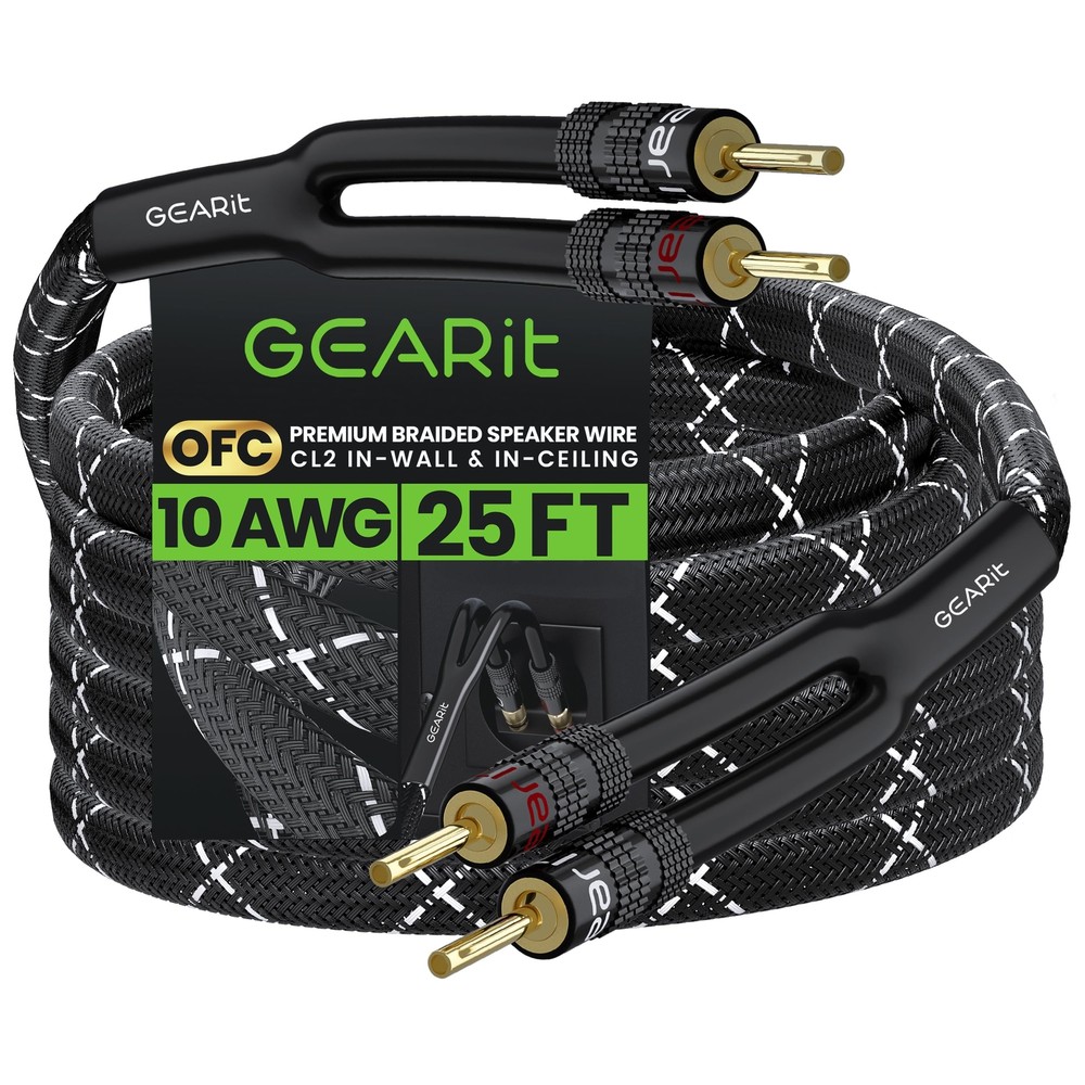 10AWG Speaker Cable Wire with Gold-Plated Banana Tip Plugs (25 Feet) in-Wall ...
