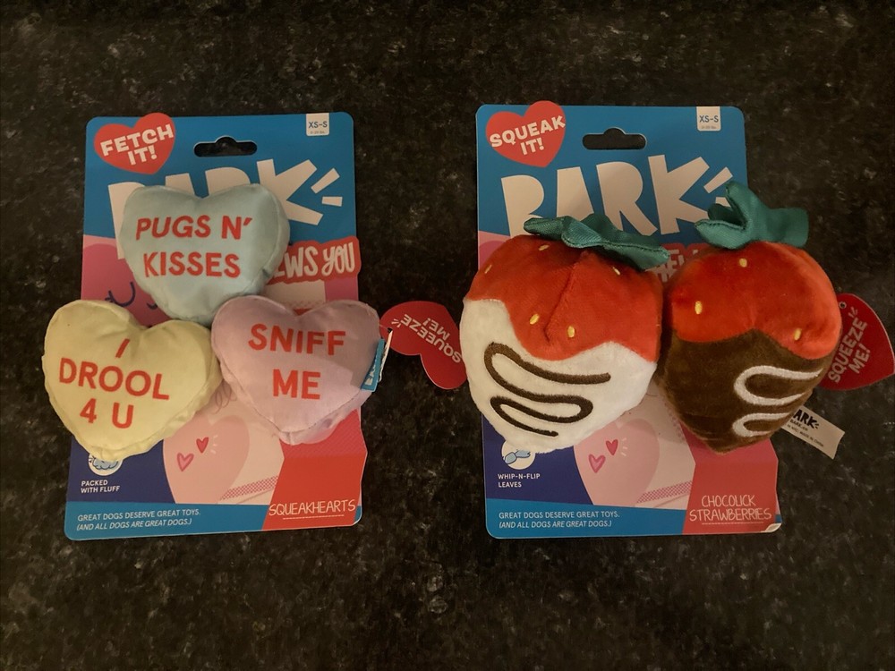 BARK Valentines Hearts And Chocolate Strawberries Plush Dog Toy - 2pc NEW XS-S