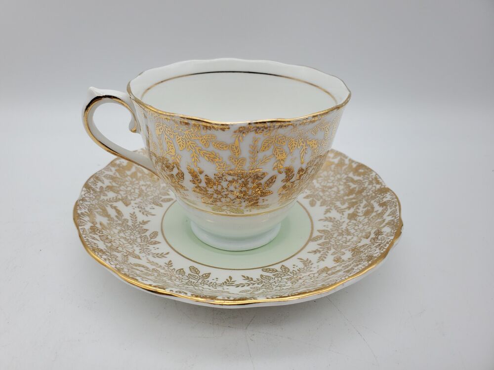 Vintage Colclough China Golden Floral Tea Cup & Saucer, Mint Green #6608