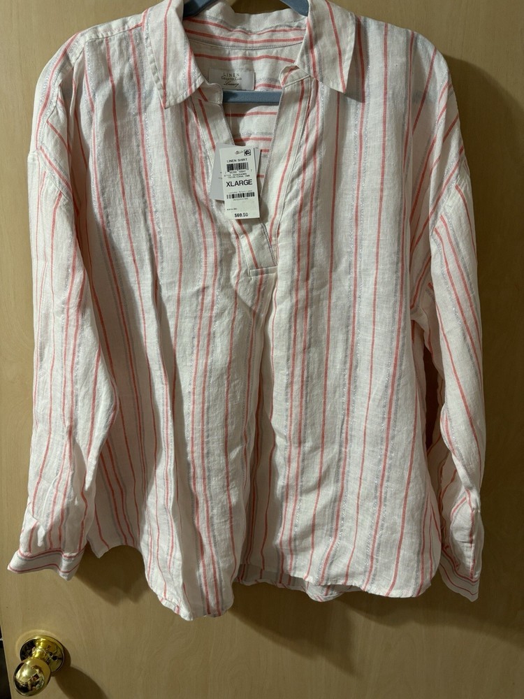 NWT Charter Club Luxury Linen Blouse Collared V-Neck Pink/Silver Pinstripe XL