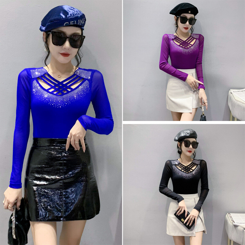 New Womens Rhinestone Cross Strap Mesh Slim Cocktail Party Blouse Western Tops