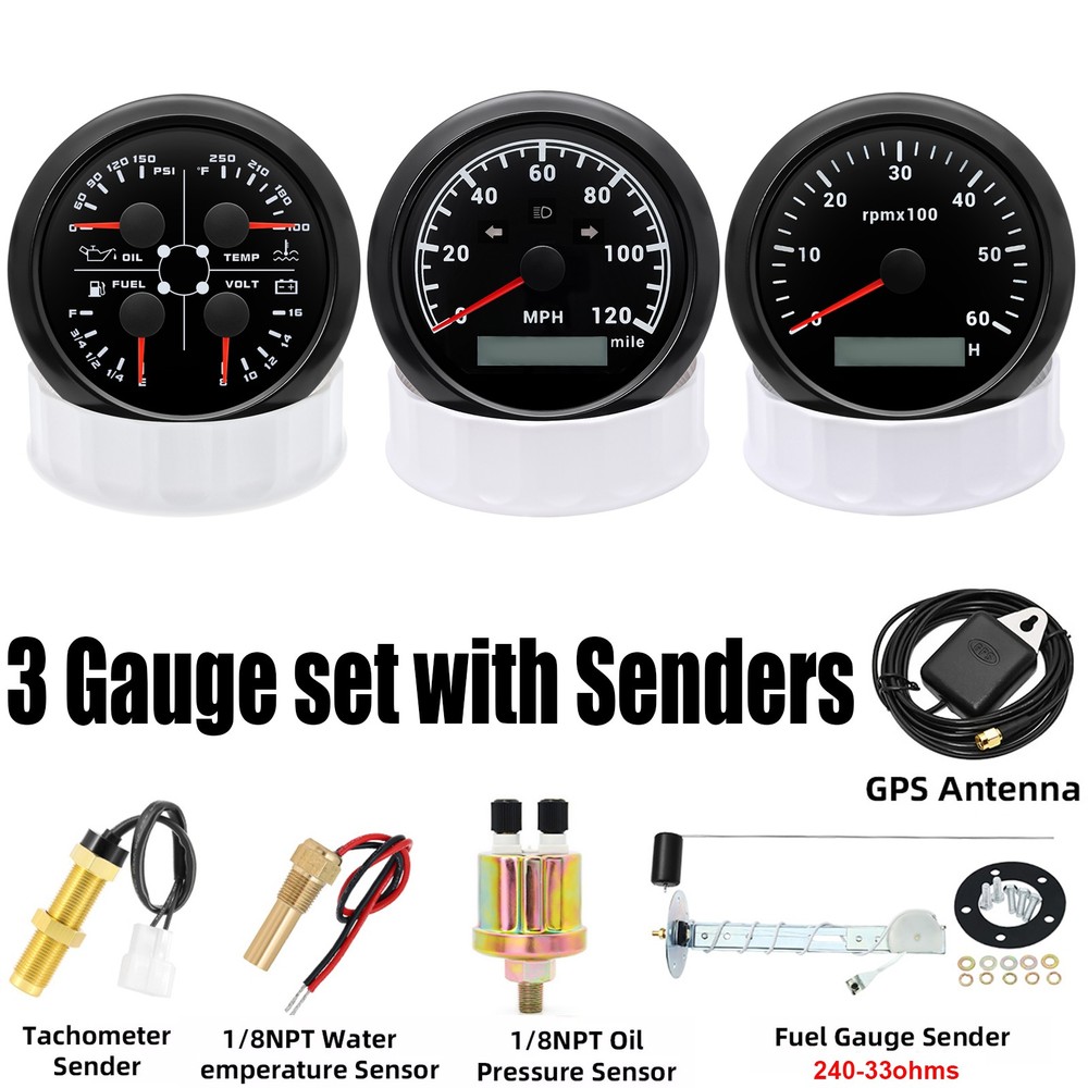 85mm GPS Speedometer 0-120MPH Tacho 4in 1 Fuel Oil Press Temp Gauge For Car Boat