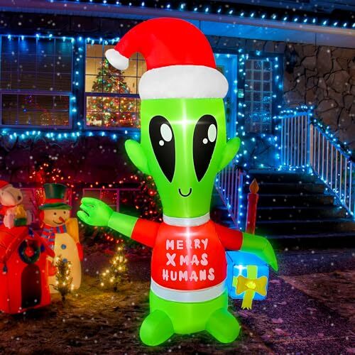 4 FT Christmas Inflatables Alien with Gift Box Decorations LED Lighted Xmas