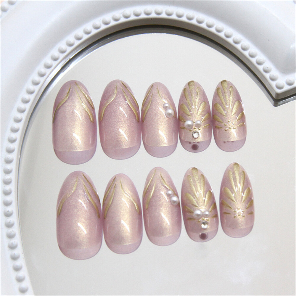Short Almond Press-On False Nail Elagant Pearl Shimmer Sparkling Manicure 24pcs