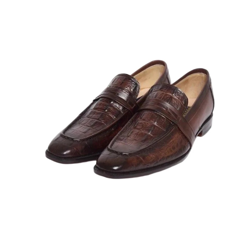 Handmade Brown Crocodile Leather Slip-On Loafers for Men Dress Office Shoes