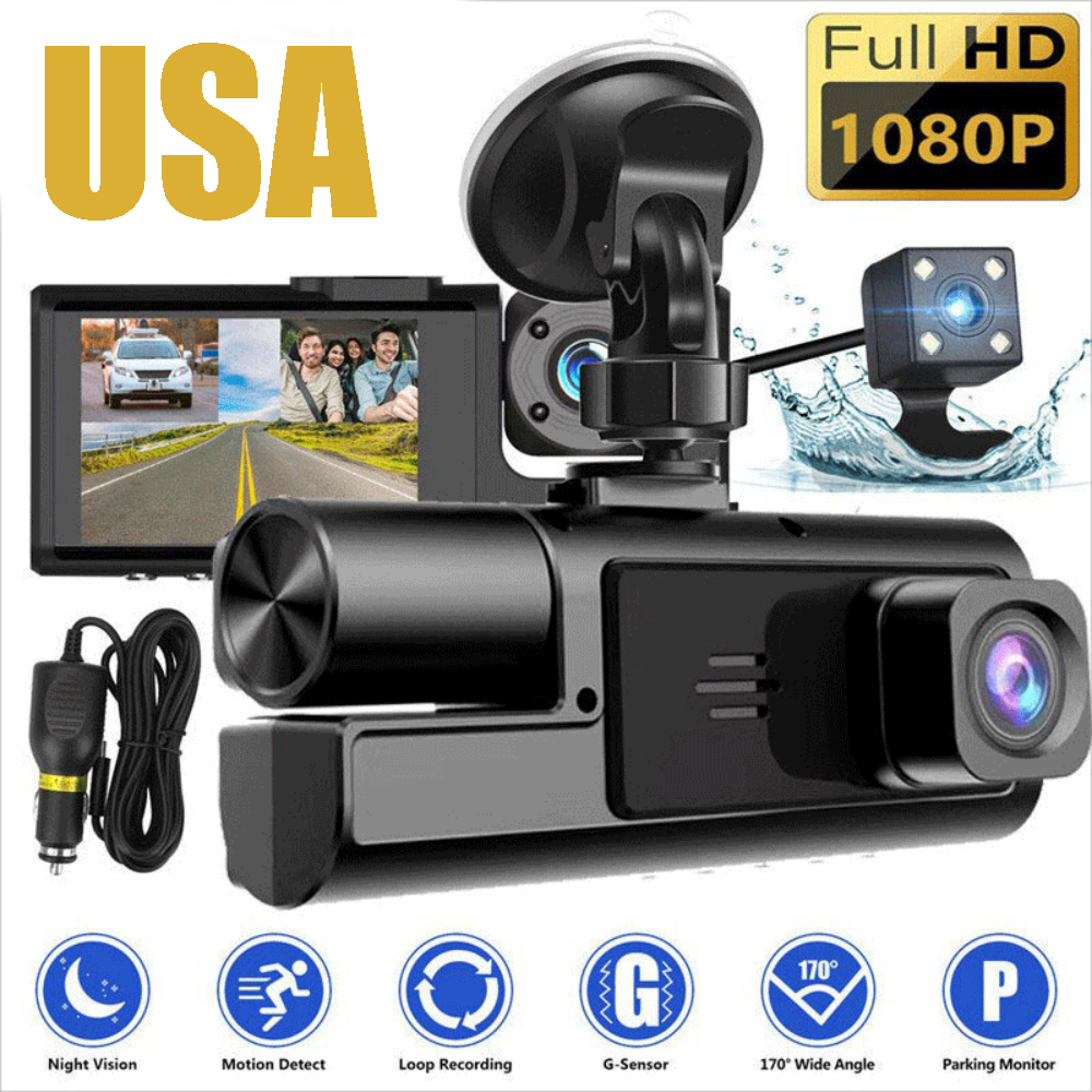 2 inch Car Dual Lens Dash Cam HD 1080P Front/Rear/Inside Video Recorder Camera