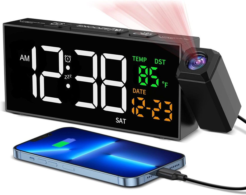 Netzu Projection Clock for Bedroom Ceiling, Alarm Clocks with 180° Black