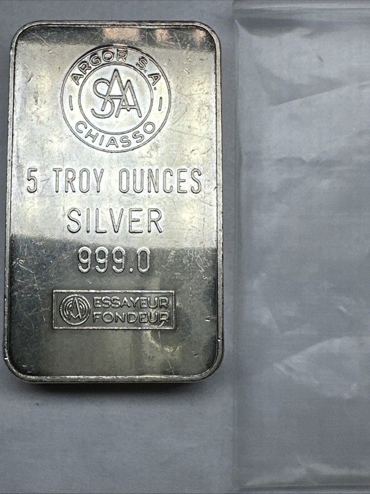 Argor Chiasso 5 OZ Silver Bar Vintage 0.999 Fine Silver Essayer Fondeur