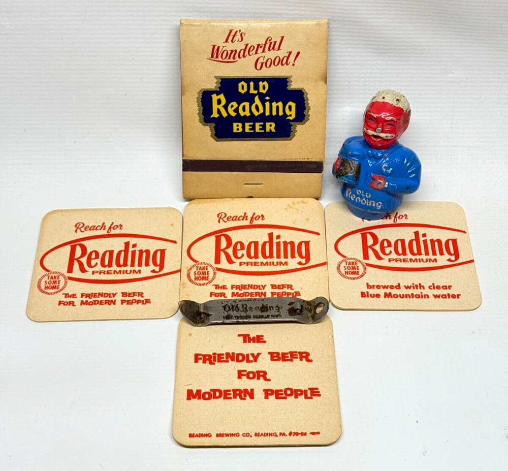 Vintage Old Reading Beer Lot Bottle Opener, Gus Tap Handle, Coasters, Matchbook
