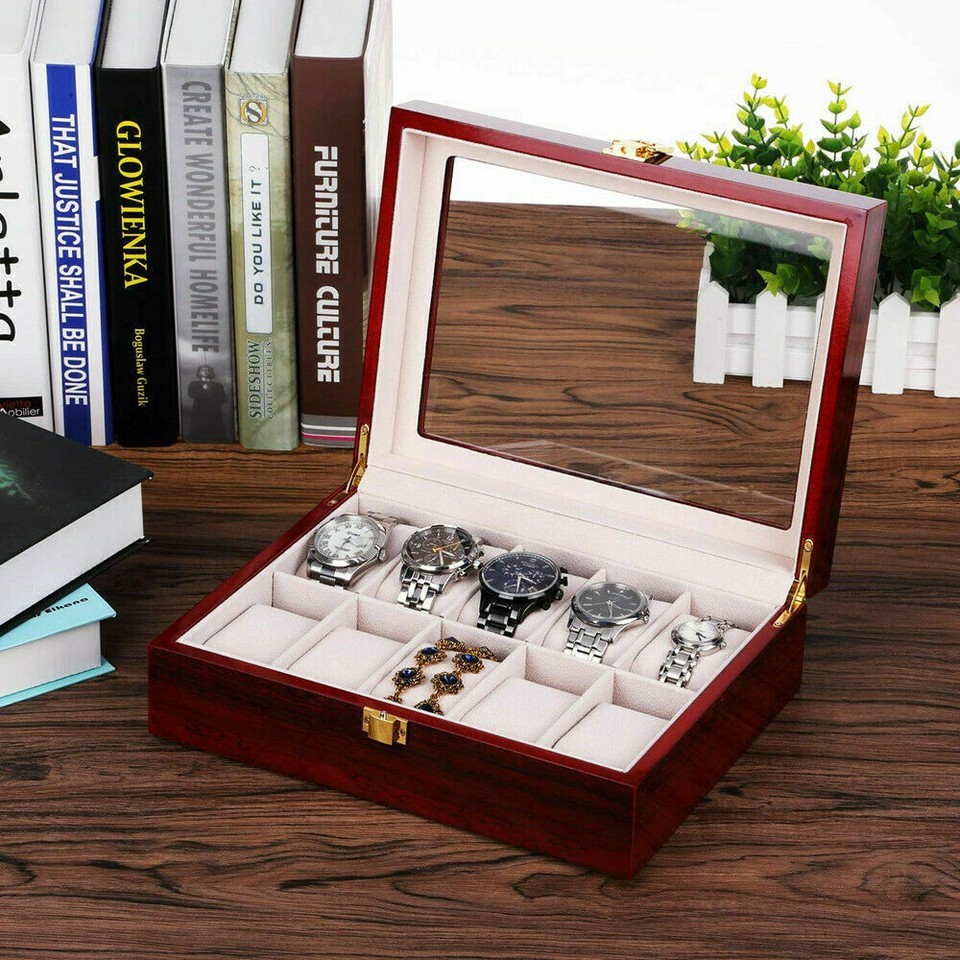 10-Slot Red Wooden Watch & Jewelry Display Case Holder