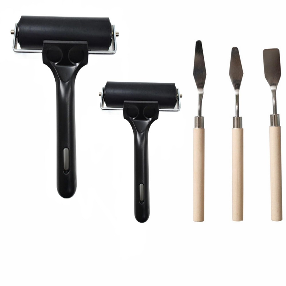 2 Pack Soft Rubber Brayer with 3 Spatula,Rubber Glue Roller for Printmaking I...